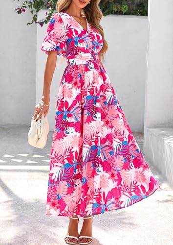 Image of PRETTYGARDEN Womes Boho Maxi Dresses 2026 Summer Spring V Neck Puff Sleeve Empire Waist A Line Flowy Long Beach Floral Dress