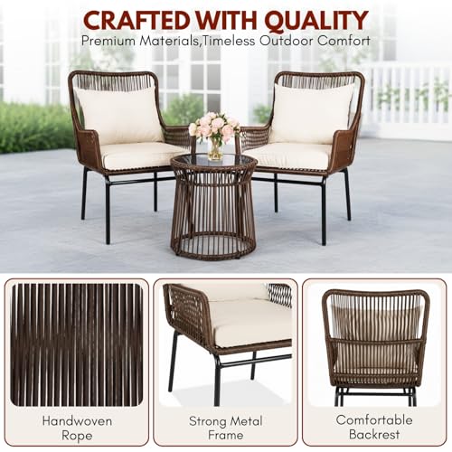 Image of DEVOKO Outdoor 3 Piece Patio Rope Chair Table Set All Weather-Resistant Cushion Handmade Furniture Perfect for Balcony, Garden, Patio, Terrace(Brown & Cream)
