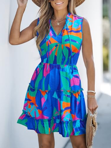 Image of CUPSHE Womens Summer Dresses Tie Neck Sleeveless Tiered Ruffle A-Line Tunic Mini Dress