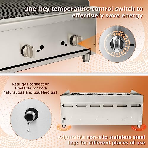 Hoccot 24” Commercial Gas Grill Radiant Charbroiler, Stainless Steel Natural Gas Char Broiler Griddle With Grill, Lava Rock For Restaurant Equipment Bbq, 56,000 Btu #TOP3