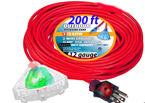 pizety 12/3 200 ft Extension Cord Heavy Duty Indoor Outdoor Triple Outlet Extension Cord 12 Gauge with Lighted End Extension Cord 200 ft Outdoor 12/3 (200 ft Extension Cord)