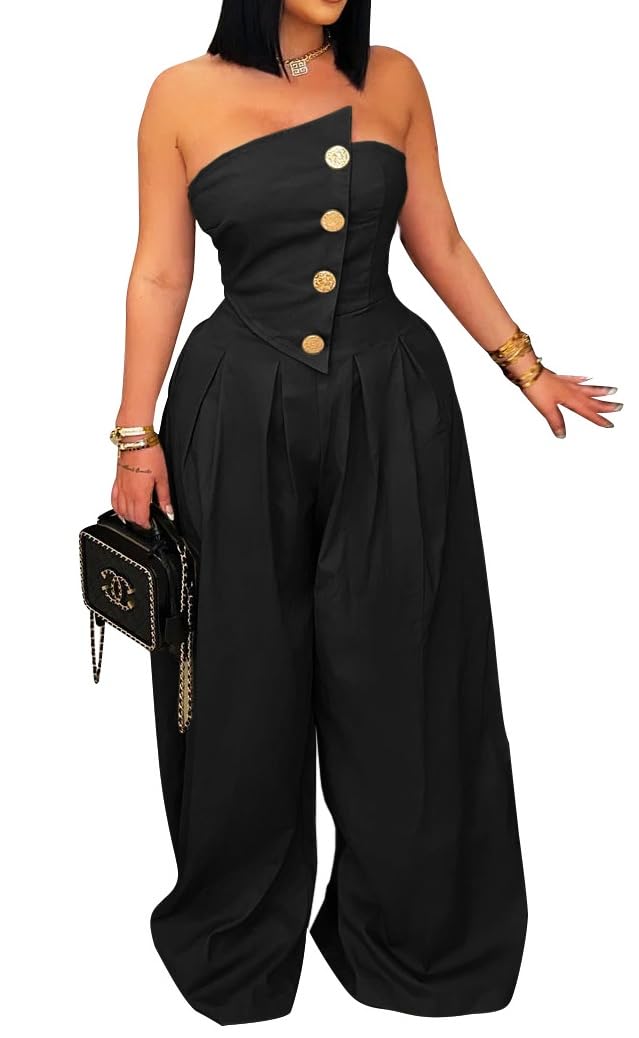 Photo 1 of BOKITECAO Womens Cargo Jumpsuit Sexy Strapless One Piece Outfit Off Shoulder Top Ruched Wide Leg Rompers Overalls