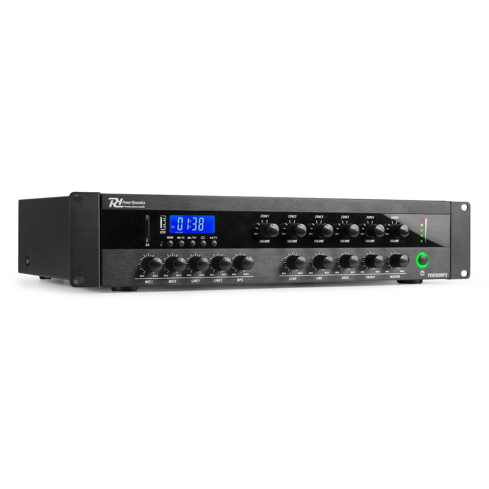 100v versterker met 6 zones - Power Dynamics PDW360MP3 - 100 volt versterker met Bluetooth - 360W