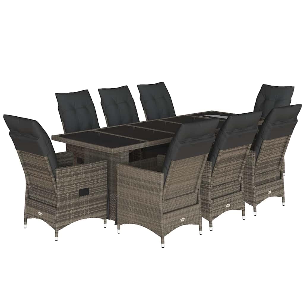 Set Bistro Giardino 9 Pz Poly Rattan Grigio Cuscini | Schienale E Poggiapiedi Regolabili, Fodera Rimovibile Lavabile, Superiore In Vetro Temperato