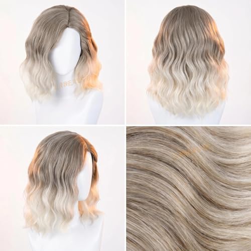 Image of LABEAUTE Short Wavy Bob Wig for Women 13 Inch Gray Blond Layered Cosplay Wig with Bangs Heat Resistant Synthetic Hair for Daily Wear Halloween & Party