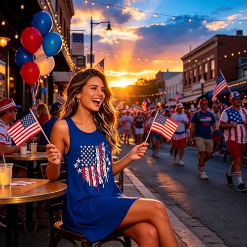 Image of Roshop Womens Juneteenth Flag Sleeveless Dress 4th of July Patriotic Swing Sundress with Pockets
