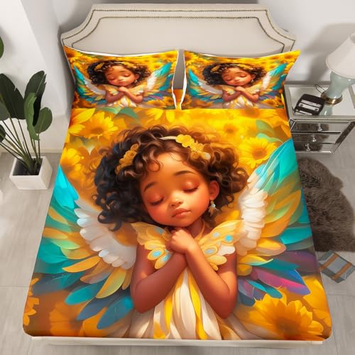 Kawaii Girl Fitted Sheet Queen Size Dreamy Angel Fairy Tale Bedding Set for Kids Girls Teens Natural Sunflower Bed Sheet Set American Style Cute Girly Bed Cover Room Decor,No Top Sheet