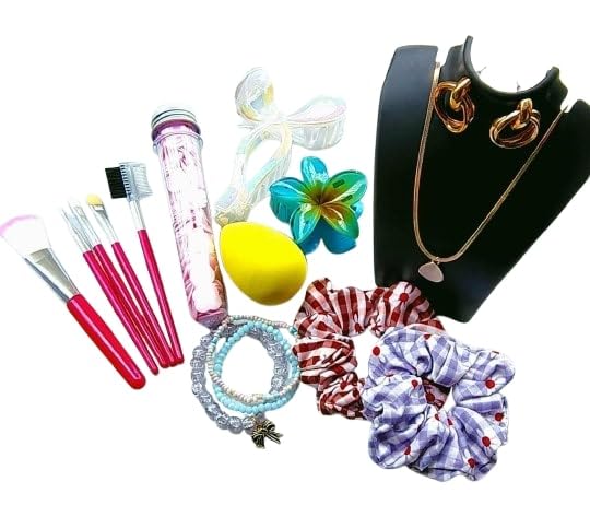 Image of Gift Hamper for Girls - Necklace with Earrings, 2 Scrunchies, Flower & Bow Hair Clips, 3 Bracelets, Beauty Blender, 5 Makeup Brushes & More - All-in-One Fashion Accessories Box