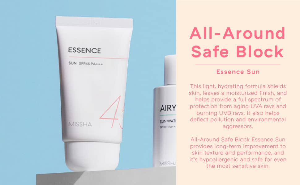 MISSHA All Around Safe Block Essence Sunscreen Sun SPF 45+ /PA+++ 50ml I Nourishing Moisturized Finish