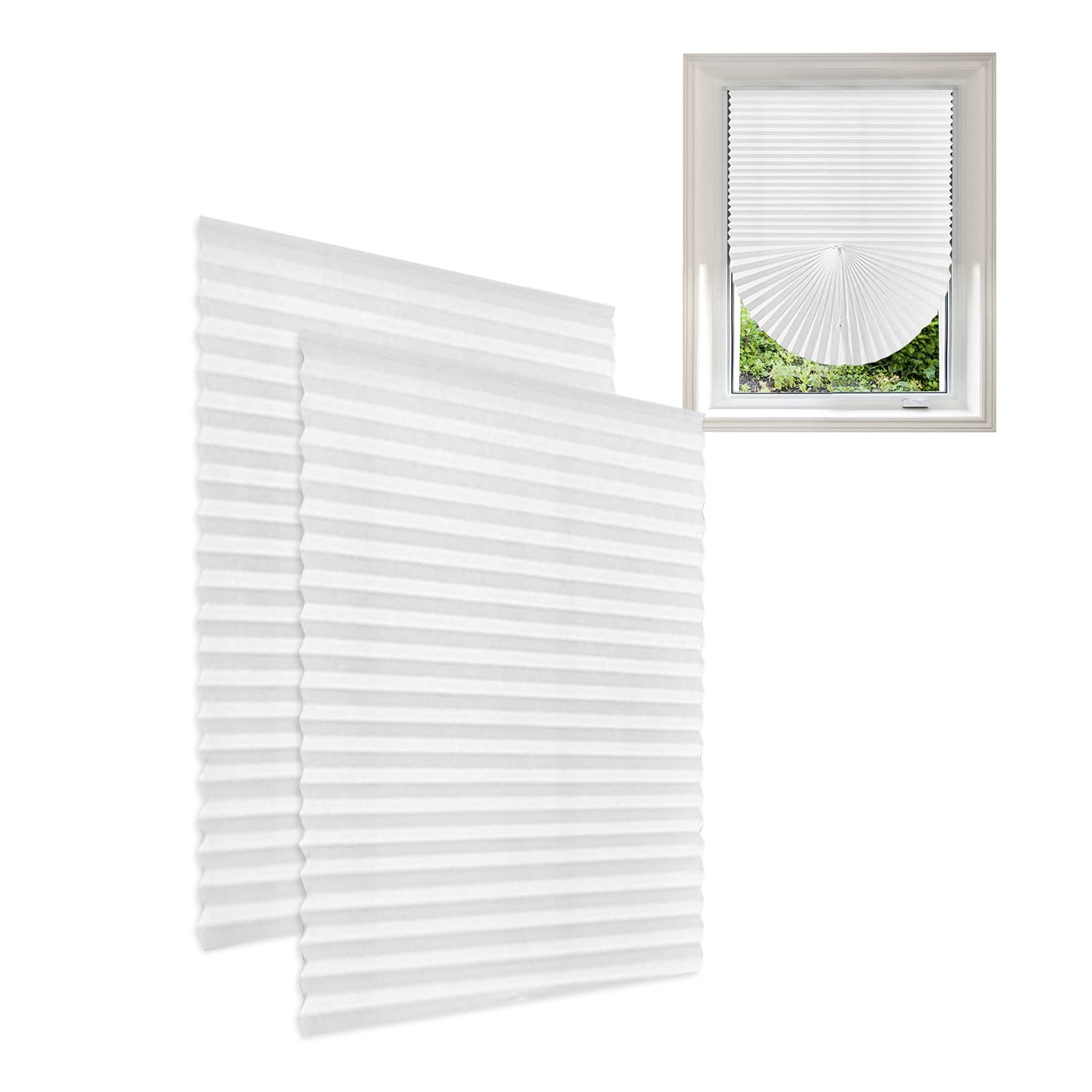 Lot de 2 stores occultants temporaires plissés à coller instantanément, filtrant la lumière, protection de la vie privée avec 4 clips pour salle de bain, salle de bain, bureau, stores plissés sans pe
