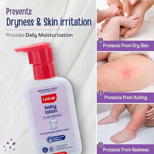 Image of LuvLap Baby Lotion with Milk Protein - 200ml, Suitable for Baby's Delicate Skin, 24 Hour Protection for Sensitive Skin, Shea Butter and VIT E, Paraben Free, Sweet Almond Oil, Dermatologically Tested