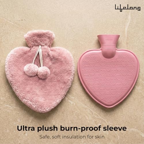 Image of Lifelong Heart Shaped Hot Water Bottle 1000 ml with Washable Fur Cover | Hot Water Bag for Pain Relief & Period Cramps | Ideal for Hand & Belly Warmer | Comfort with Leak-Proof Design (LLEHWB18)