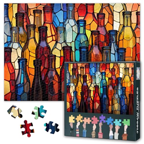 Jigsaw Puzzles 1000 Stück für Erwachsene, buntes Design Glasflaschen Puzzle Erwachsene, Vibrant Rainbow Adult Challenging Puzzle 1000 Teile, Entspannung Spiel für Männer Frauen 70 x 50 cm