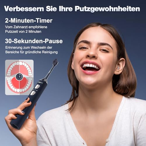 Elektrische Zahnbürste, Schallzahnbürste, Leise Zahnbürste Elektrisch mit 3 Intensitäten Und 5 Modi, 40000vpm Zahnbürste Mit Timer, 180 Tagen Akkulaufzeit, IPX7, Blau