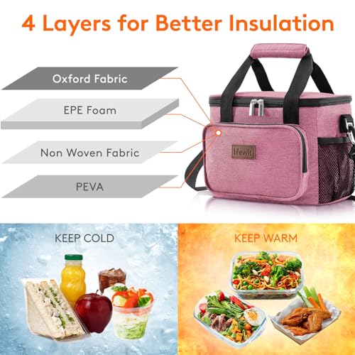 Image of Lifewit Medium Lunch Bag, Insulated Lunch Box, Soft Cooler Cooling Tote for Adult Men Women, Pink 12-Can (9L)