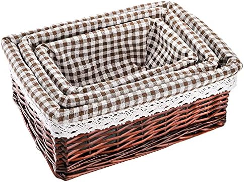Peohud Set of 3 Handmade Wicker Baskets, Rectangular Home Storage Bins with Liners, 35/ 30/ 25cm Decorative Woven Nesting Organizing Baskets for Bathroom, Bedroom, Kitchen, Office, Shop, Makeup Items