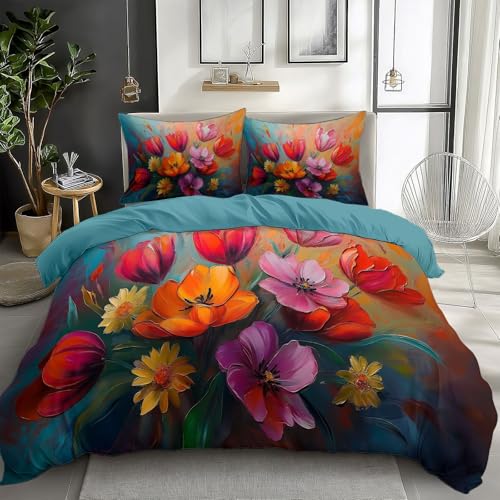 Color California King Duvet Cover Abstract Tulips in Oil Painting Cal King Bedding Set 3 Pieces, Soft and Breathable Microfiber Comforter Cover with 2 Pillow Shams, for All Season