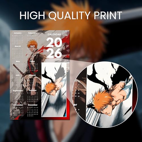 Image of 2026 Anime Calendar - Ichigo Kurosaki (red) from Bleach | 12 inch x 18 inch size | Wall Decoration Aesthetic Calendars