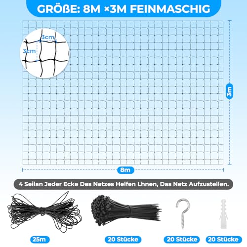 TOFFCAEA Katzennetz für Balkon, 8x3m Katzennetz Drahtverstärkt, mit 25M Befestigungsseil, Stark, Langlebig, UV-Beständig, Wetterfest, Geeignet für Balkone, Terrassen und Fenster (Schwarz, 3x8 m)