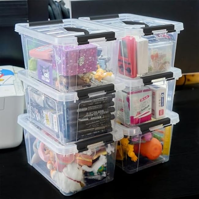 6 Quart Plastic Stackable Storage Latch Bins,Clear Latching Box with Handle and Lid,Pack of 6 (Black Handle)