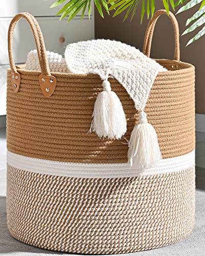 Image of KAKAMAY Large Blanket Basket (18"x18"x16"),Woven Baby Laundry Hamper for Storage, Cotton Rope Blankets Baskets for Nursery, Laundry, Living Room, Pillows, Baby Toy chest with Handles (Brown)