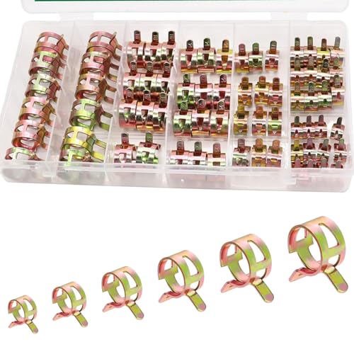 Yumfugu 72 PCS Vacuum Hose Pipe Clamp, Spring Hose Clamps Assortment Set, Low Pressure Air Clip Adjustable Elastic Hose Auxiliary Fixing Accessories, Universal for Most Cars Trucks (Gold)