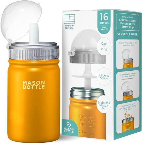 Image of Mason Bottle Kids Mason Jar Cup with Lid and Straw - 16oz Stainless Steel Sippy Cup - BPA-Free, Spill Proof Toddler Tumbler - Regular-Mouth, Single-Wall Snack Cup, Smoothie Cup for Kids (Yellow)