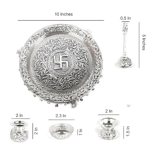 Image of German Silver Pooja Aarti /Thali with Full Ghungroo Layer Home /Temple /Mandir,Decorative Pooja Plate Set for,Karva Chauth, Diwali,Ganesh,Janmashtami Pujan & Wedding Item- Set of 6 Item