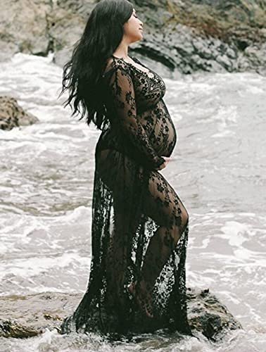 ZIUMUDY Sexy Deep V-Neck Long Sleeve Lace Beach See-Through Maternity Maxi Dress4
