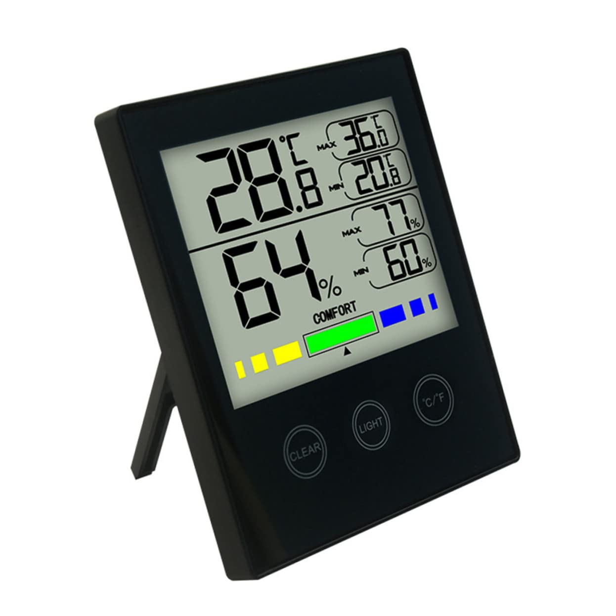 Touchscreen Digitales Innenraum Hygrometer mit Beleuchtung, Schwarz | Zimmerthermometer Digital Innen, Uhr für Innenbereich, Geeignet für Zuhause und Büro