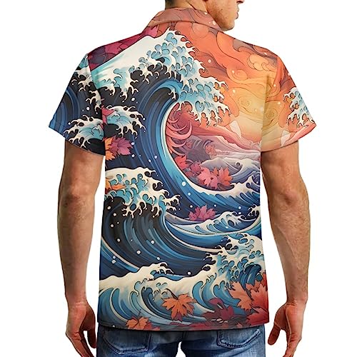 GLUDEAR Men's Paint The Great Wave Off Kanagawa 3D Print Casual Button Down Shirt4
