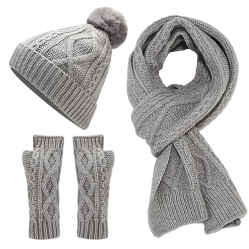 Winter Beanie Hat Scarf Gloves, Warm Fleece Knit Hat Long Scarf Neck Warmer Touchscreen Winter Gloves Set Gifts (Grey, One Size)2