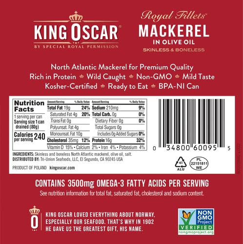 Image of King Oscar Mackerel in Olive Oil, 4.05 Ounce Can (Pack of 3, Packaging May Vary), Skinless & Boneless, Wild Caught Canned Mackerel