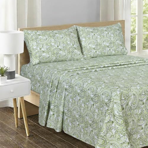 Image of Feather & Stitch Printed 500 TC King Size 4pc Damask Bed Sheet Set, 100% Soft Cotton Breathable Bedsheets, 18 inch Deep Pockets Sateen Weave Bedding Mattress Hotel Luxury Decor - Olive Green Paisley