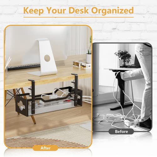 Image of Cable Management Under Desk 13.38 inch- No Damage to Desk, Standing Desk Cable Organizer, Quszmd Under Desk Cord Organizer, Under Desk Wire Management Tray Black