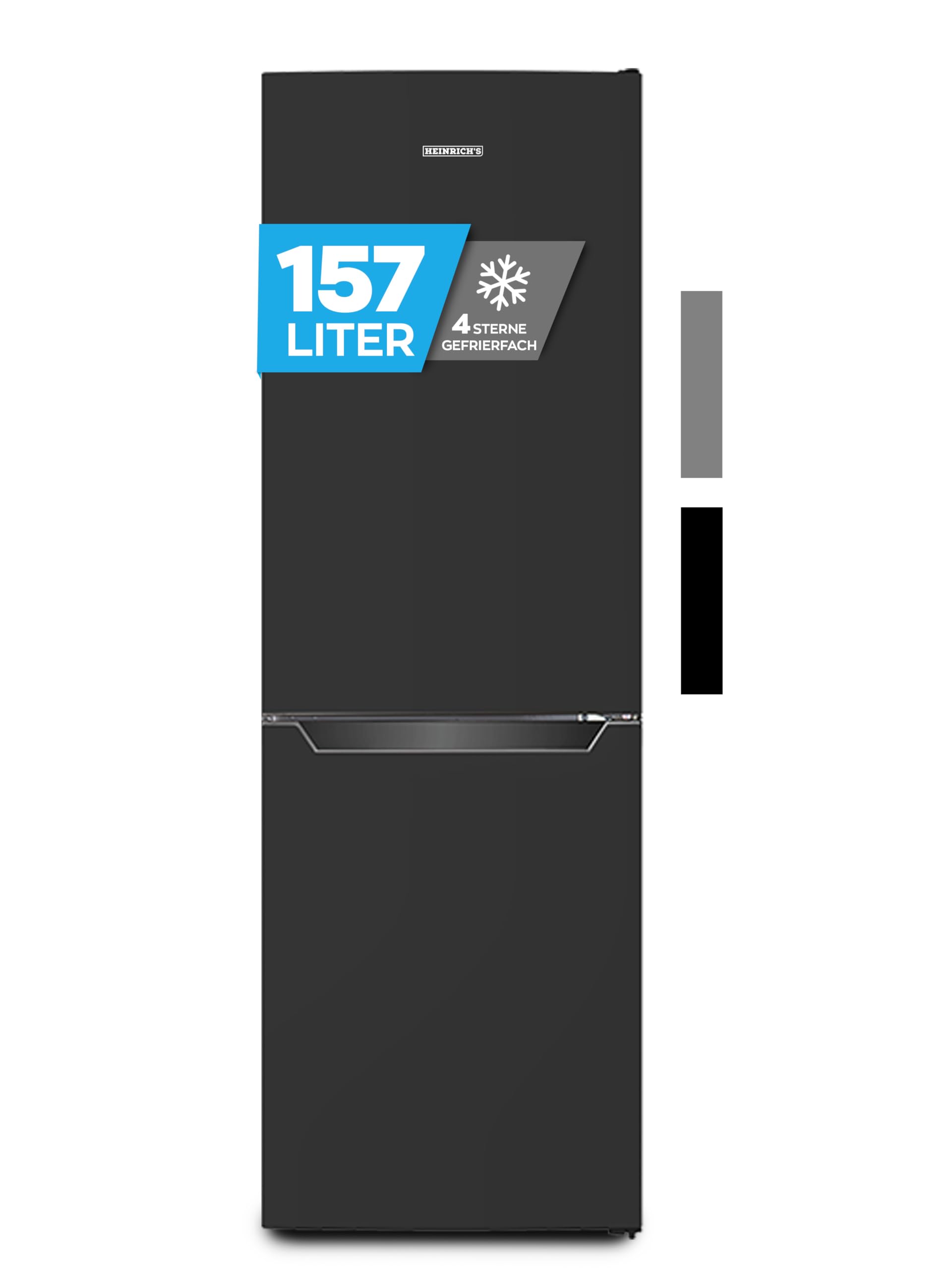 Heinrich´s Kühlgefrierkombination mit 157 L Gesamtvolumen, 109 L Kühlvolumen 48 L Gefriervolumen, LED Beleuchtung, Türanschlag wechselbar, verstellbare Füße, leise 39 dB, große Tiefkühlboxen, schwarz