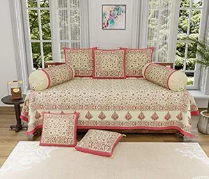 PK Fashions Sanganeri Print 150 GSM Cotton Diwan Set with Single Bed Sheet with 5 Cushions Covers and 2 Bolster Covers, Peach, Medium