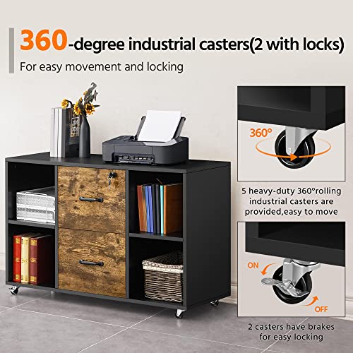 Yaheetech Mobile File Cabinet With 2 Drawer And 4 Open Compartments, Storage Lateral Filing Cabinet For Letter Size A4 Size, Printer Stand For Home Office, Black& Rustic Brown #TOP7