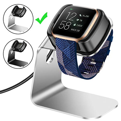 CAVN Compatible with Fitbit Versa 2 Charger (Not for Versa & Versa Lite), Premium Aluminum Replacement Charger Dock Charging Stand Charger Cable Station for Fitbit Versa 2 (Silver)