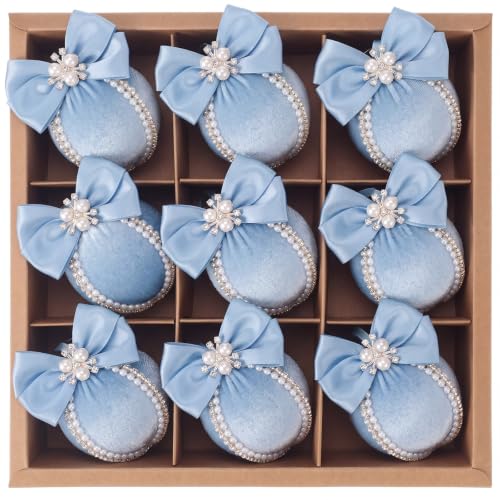 9 Pcs Dusty Blue Velvet Christmas Balls Ornaments 2.4" with Pearl Bow