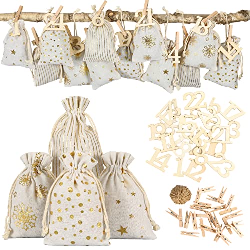 Papierdrachen Advent Calendar 2025, Fabric Bags (24 Pieces) for Filling with XXL Wooden Numbers