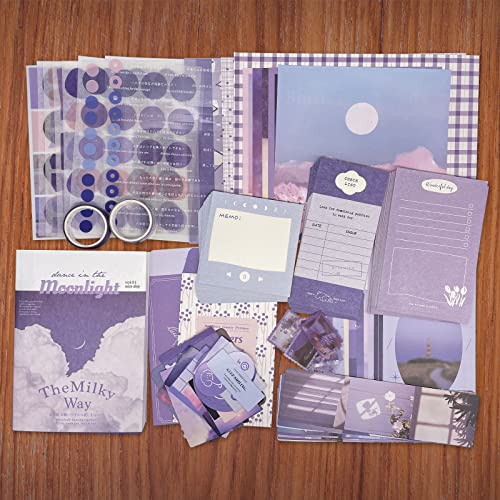 Image of Vintage Aesthetic Scrapbook Kit(346pcs), Scrapbooking Supplies Kit with Bullet Junk Journal, Stationery, A6 Grid Notebook with Graph Ruled Page DIY Journaling Gift for Teen Girl Kid Women, Purple