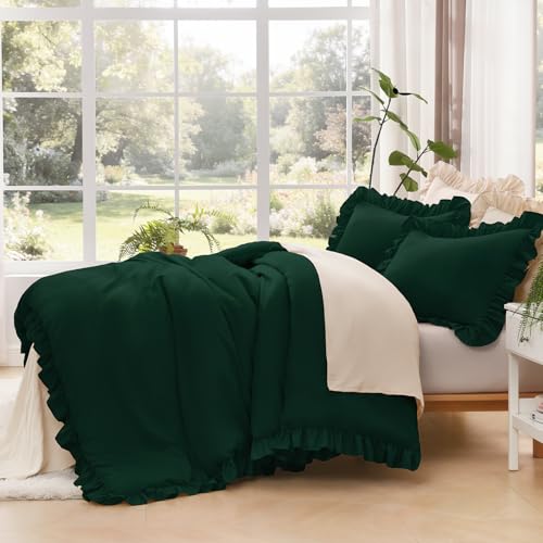 Image of Litanika Dark Emerald Green Full Comforter Set, 3 Pieces Boho Vintage Solid Forest Ruffle Bedding Set, All Season Lightweight Bed Set (79x90In Comforter & 2 Pillowcases)