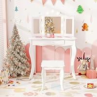 Kids Vanity Table and Chair with Lights, 2 in 1 Girls Dressing Table with Tri-Fold Mirror, Drawer, Wooden Pretend Princess Makeup Beauty Play Toy Gift (White)