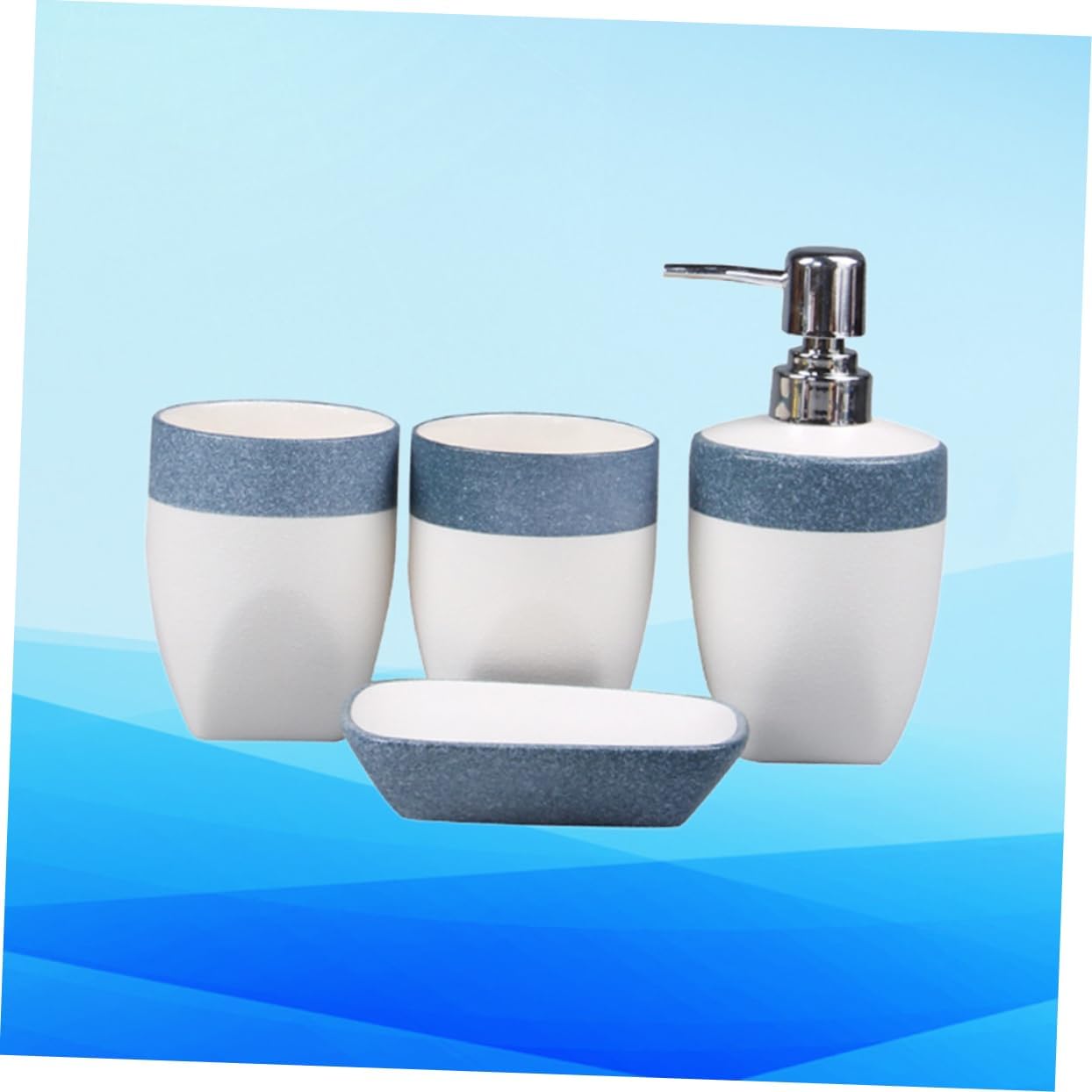 Garneck Ceramic Bathroom Set 4-Piece Accessory Set Tooth Mug Emulsion Bottle Soap Dish and Blue Color for Home Use and Creative Bathroom Decor