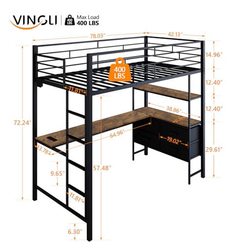 Image of VINGLI Twin Metal Loft Bed Frame with 15 Inches Safety Guardrail, Non-Slip Ladder, 2 Charging Stations, L-Shaped Desk, Storage Shelve, 4 Drawers, LED Lights, for Kids, No Box Spring Needed, Black
