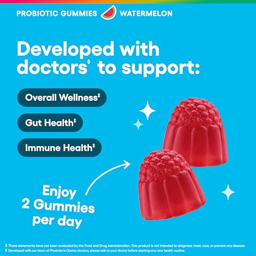 Image of Physician's CHOICE Probiotic Gummies with Vitamin D & Prebiotic Fiber - Sugar Free - 1B CFUs of Clinically Studied Probiotic - Supports Immune & Gut Health for Women & Men - Watermelon Flavor - 90CT
