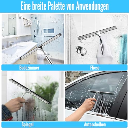rietegio 25CM Duschabzieher mit Halterung Duschabzieher Edelstahl Handlicher Glaswischer 3 Silikonabstreiflippen und Schraubendreher Handlicher Glaswischer für Bad Küche Spiegel Auto Fenster Putzen