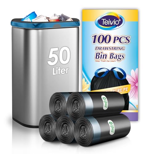 Teivio 50 Liter Bin Liners with Tie Tap 100 Counts 13 Gallon Strong Swing Bin Bags with Drawstring Handle Waste Bin Bags for Home Office Kitchen Bathroom Bedroom Black Rubbish Bags