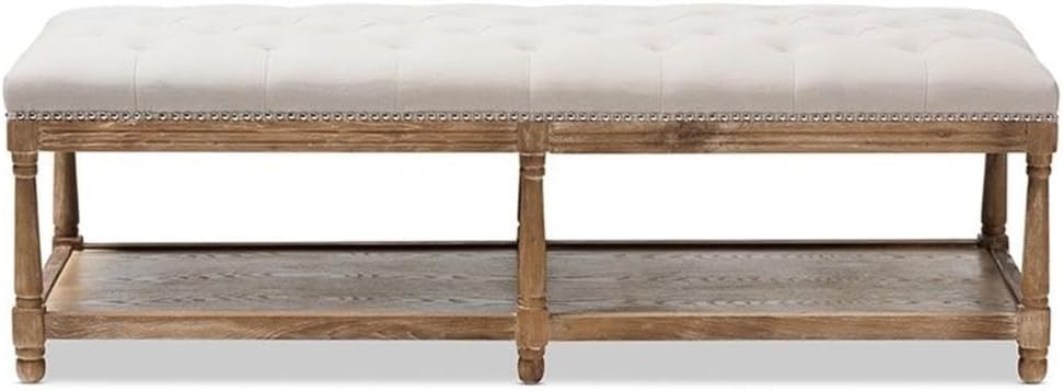 BOWERY HILL Bedroom Bench, 57.48 in Wide, Beige Linen Upholstery and Oak Frame, Button Tufted Design, Carved Woodwork, French Country Ottoman for Seating or Footstool Use, Rustic Accent Furniture